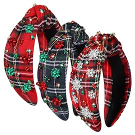 NLCAC 3 Pack Christmas Headbands for Women Red Plaid Headband Jeweled Crystal Christmas Bow Snowflake Knotted Headband Christmas Gifts for Women