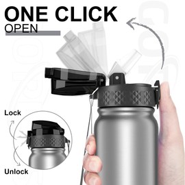 GOPPUS 600ml/20oz Stainless Steel Water Bottle with Straw Insulated Sports Bottle Cold Flask with Straw Double Walled Flip up Metal Water Bottles Leakproof Water Bottle for Gym Sports