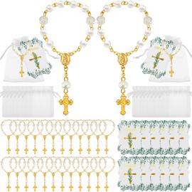 Jeyiour 96 Pcs Christian Catholic Favor Set Include 32 Finger Christian Rosaries Beads with Crucifix, 32 Organza Bags and 32 God Bless Tags Christening Wedding Party Favors(White Gold)