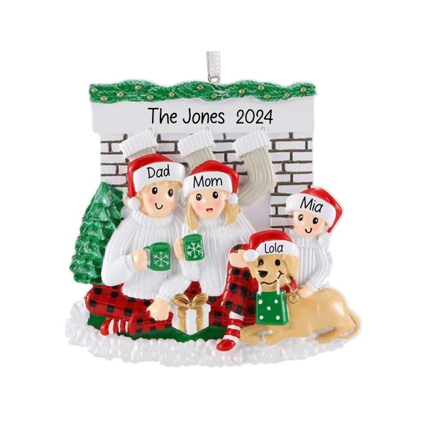 UniqXmas Personalized Fireplace Family of 3 with Dog Christmas Ornament