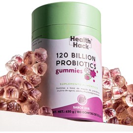 Gomitas de Probioticos 120 Billones y 14 Cepas sabor Uva | 180 gomitas para 3 meses, con Inulina de Agave, Enzimas Digestivas y Prebioticos | Ingredientes Naturales, Sin Azúcar | Health Hack