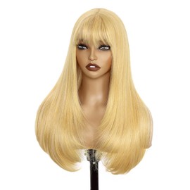 Blonde Glueless Lace Front Wig For Women | 26 Inch Long Straight Layered Synthetic Wig With Curtain Bangs | Heat Resistant, Wear & Go, No Glue Needed | Cosplay & Daily Use