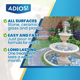 ADIOS! Outdoor Fountain Cleaner and Water Clarifier Treatment (8oz) | Natural and Safe for Birds, Clears and Treats Water, Cleans Waterfalls and Water Features, Approved for Stone and Metal