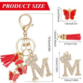 MWOOT Key Chain Letter, Alphabet Initial Letter Keyring for Women, Cute Crystal Key Ring with Butterfly Pendant for Handbag Backpack Pendant, Red-m