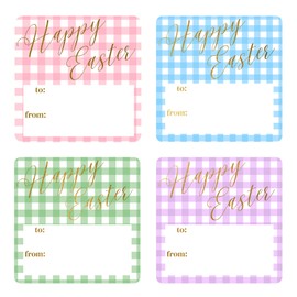Mobiusea Creation Easter Tags Labels | 60-Pack Easter Tags for Easter Gift Bags, Happy Easter Gift Tags | 2 inch | Pastel Color Gingham Easter Gift Labels | Gold Foil Happy Easter Labels