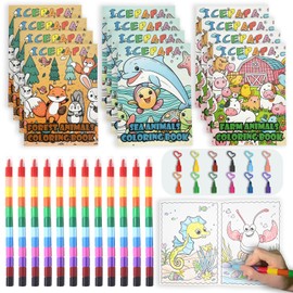 ICEPAPA, 12 mini colouring books for children and 12 wax crayons, stackable (12 colours in 1), perfect for party bags, children's birthday, farewell gift, nursery and small gifts for children