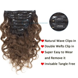 Anrosa Natural Curly Wave Hair 16Inch Clip in #1B/4 Color Hair Extension 120 Gram Two Tone Color #4 Dark Brown Color Natural Black #1B Off Human Hair 7pieces 17 Clips Per Pack