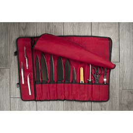 Asaya Canvas Chef Knife Roll Bag - 10 Knife Slots and a Large Zipper Pocket - Durable 10oz Canvas Knife Case with an Adjustable Shoulder Strap - Knives not Included (Red)