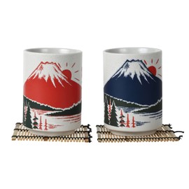 LOVE LOVE JAPAN Japanese Tea Cups Sushi-Yunomi Mino Ware With Bamboo Coaster (Set of 2) (Squid-Octopus Tuna)