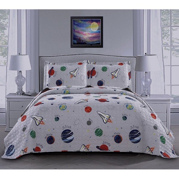 3 Piece Space Quilt Summer Bedspreads Twin Size Kids Planet Bed Cover Lightweight Coverlet Set Blanket Universe Bedding-Gray White