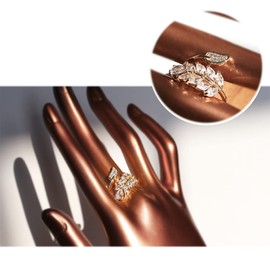 Sonateomber Feather Leaf Front Open Twist Gold Ring for Women - Trendy Adjustable Water drop Marquise Simulated Diamond Cubic Zirconia Costume Jewelry Gift
