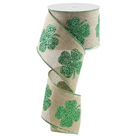 Glitter Clovers Natural Wired Ribbon - 2 1/2" x 10 Yards, St. Patrick's Day, Earth Day, Kiss Me I'm Irish, Gift Wrapping, Wreath, Swag, Garland, Shamrock, Lucky, 4 Leaf Clover
