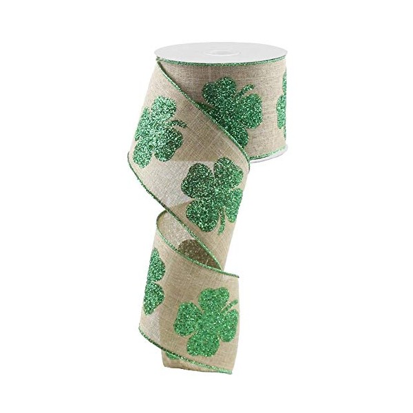 Glitter Clovers Natural Wired Ribbon - 2 1/2" x 10 Yards, St. Patrick's Day, Earth Day, Kiss Me I'm Irish, Gift Wrapping, Wreath, Swag, Garland, Shamrock, Lucky, 4 Leaf Clover