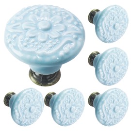 Biaungdo Sky Blue Ceramic Kitchen Cabinet Knobs & Pulls - Retro Vintage Round Drawer & Closet Door Handles