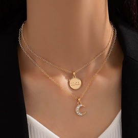 Inilbran Boho Layered Crystal Moon Choker Necklace Vintage Coin Moon Pendant Necklace Gold Disc Necklace Crescent Moon Coin Necklace Chain Necklace Jewellery for Women and Girls, Zinc