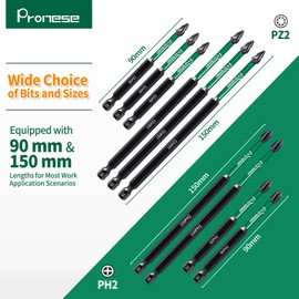 Pronese 10 pcs 150 mm and 90 mm PZ2 & PH2 Magnetic Impact Driver Bits, Long S2 Steel Magnetic Drill Bits