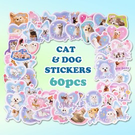 Rislobx 60 PCS Cat and Dog Stickers, Self-Adhesive Waterproof Decal for Laptop, Skateboard, Motorcycle, Notebook