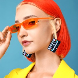 yfstyle 80s 90s Cassette Tape Earrings Neon Accessories Outfits for Women Sparkling 80's Acrylic Dangle Earrings Set Glow Party Jewelry 3Bling