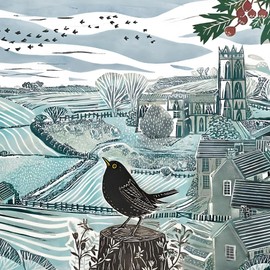 Charity Christmas Cards Pack of 5 - BHF, Marie Curie, Mind, NSPCC, Shelter - Winter Blackbird and Countryside Scene - Artistic Festive Design by Alison Headley - Made in the UK - Eco-Friendly