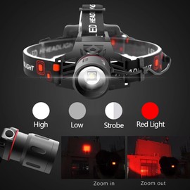 WINDFIRE Rechargeable Headlamp White Red LED Hunting Headlamps Super Bright 4 Modes 90° Adjustable Zoomable Head Lamp for Running Camping Hiking Fishing Night Vision Astronomy