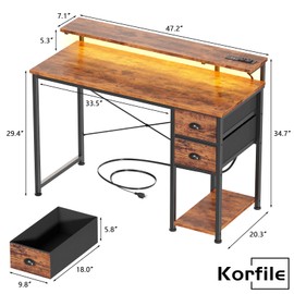 Korfile 47 Inch Computer Desk with Power Outlets & LED Lights, Home Office Desk with Storage Drawers and Monitor Stand, Writing Work Study Desk for Bedroom Living Room