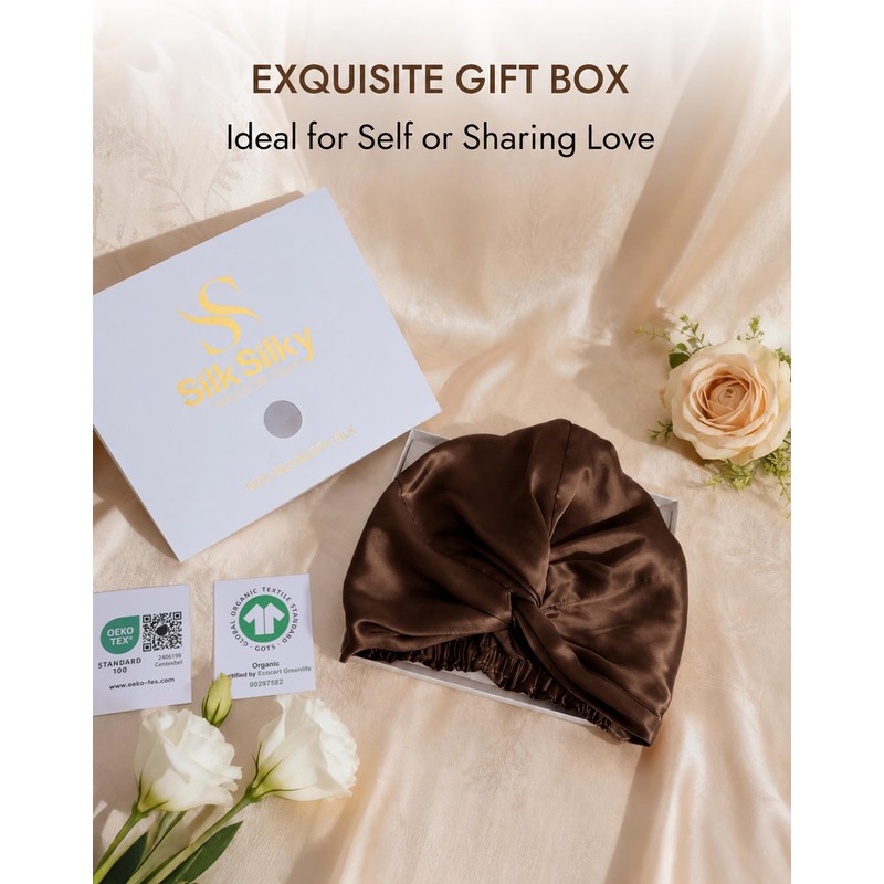 22 Momme 100% Mulberry Silk Bonnet for Sleeping Women, Coffee