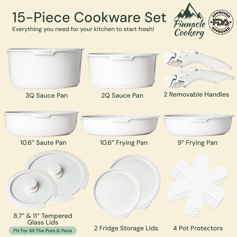 Pinnacle Cookery 15-Piece White Granite Nonstick Cookware Set – Detachable