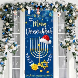 Hanukkah Decorations Happy Hanukkah Merry Christmas Door Cover Banner for Front Porch, Chanukkah Xmas Backdrop for Home Office Classroom Christmukkah Party Hanging Decor Supplies