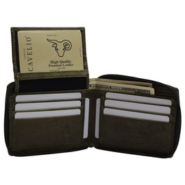 Cavelio Genuine Leather Slim Bifold Zipper Men Wallets RFID Blocking USA Series (1256HU GREEN)