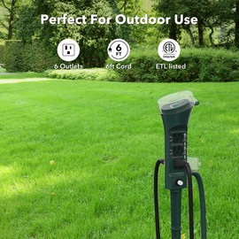 BN-LINK Outdoor Power Strip Yard Stake Timer(w Remote Control) with Photocell Dusk Till Dawn, or On at Dusk & 2, 4, 6, 8 Hour Countdown, 6 Grounded Outlets 6 ft Cord Weatherproof 1875W/15A ETL Listed