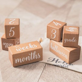 Promise Babe 6pc Natural Wood Milestone Age Blocks Baby Monthly Milestone Block Photography Props with Weeks Months Years，Perfect Keepsake