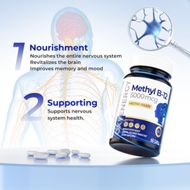 OxyEnergy Methyl Vitamin B12 5000mcg, Extra Strength Methylcobalamin B-12 Supplements with Folate, Support Nerves, Energy Metabolism & Cognitive,60 Capsules