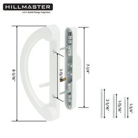 HILLMASTER Patio Door Handle Set with Mortise Lock 45° for Replacement Mortise Style Reversible Design Non-keyed Sliding Patio Glass Door Handles, Fits 3-15/16” Screw Hole Spacing White Finish