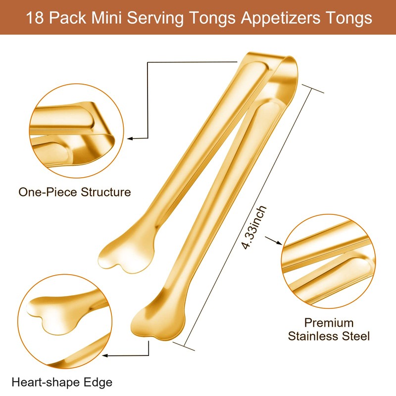 18 Pack Premium Small Serving Tongs, Mini Stainless Steel Appetizer