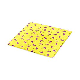 Ambesonne Umbrella Cutting Board, Print of Colored Rain Accessory Patterns Along Retro Design Seasonal Art, Decorative Tempered Glass Cutting and Serving Board, Small Size, Yellow and Violet