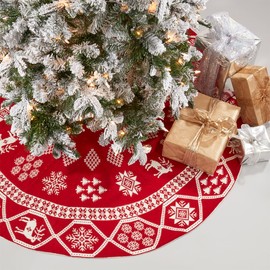Fennco Styles Reversible Knitted Christmas Tree Skirt 72" Round - Red and White Holiday Element Design Tree Skirt for Winter Festivals, Indoor, Home, School Decor and Special Occasions
