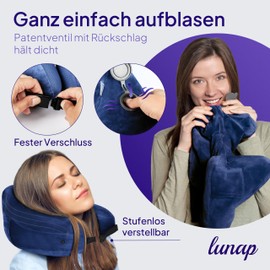 lunap Inflatable Aeroplane Neck Pillow with Hood, Travel Pillow, Inflatable in H Shape, Neck Pillow, Adult Size L Neck Pillow, Inflatable with 3 Breaths, Travel Pillow, Aeroplane Pillow, Blue