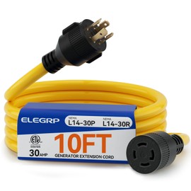 ELEGRP 30 Amp Generator Extension Cord 10 Feet, 4-Prong NEMA L14-30P to L14-30R, 120/250V Up to 7500W, SJTW 10AWG/4C Locking Power Cord for Portable Generators, Home Backup, UL Standard Compliant