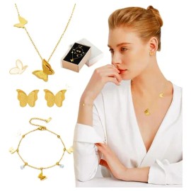 Collar De Oro 18k Mariposas Dije Pulsera Aretes Joyeria Dorado