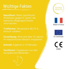 Patris Health® Helicobacter pylori Selbsttest – Bluttest zur Erkennung von Helicobacter pylori bei Magenbeschwerden, Völlegefühl & Magengeschwüren – Ergebnis in 10 Min