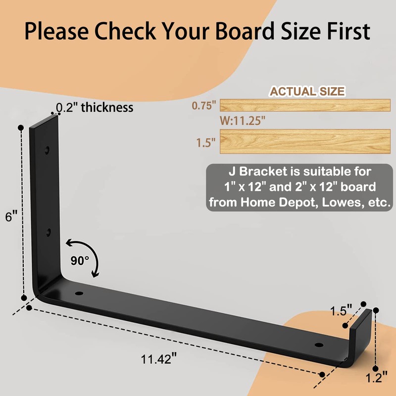 LuckIn 12 Inch Wall Shelf Brackets (Fit 11.25" Board) 6-Pack,