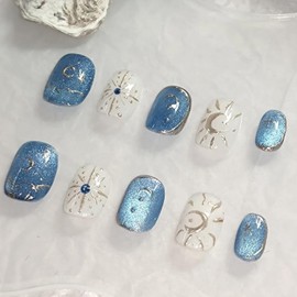 30Pcs Short Press on Nails Coffin Fake Nails Shiny Blue White False Nails 3D Star Moon Sun Nail Design Glossy Glitter Glue on Nails Full Cover Acrylic Nails Press ons Artificial Fingernails for Women