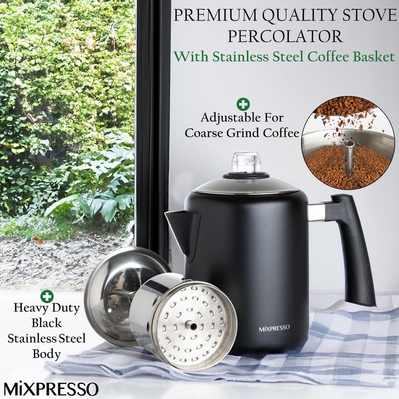 Mixpresso Black Stainless Steel Coffee Percolator Stovetop, 37oz Classic Percolator