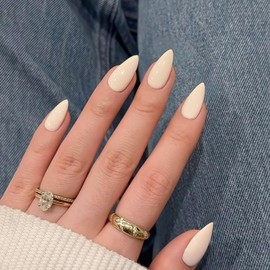 KQueenest 30 Pcs Beige White False Nails Short Almond Glossy Solid Color Full Cover Thick Press on Nails Short Stiletto, Soft Gel Acrylic Nails Press ons for Women Office Daily Finger Decoration