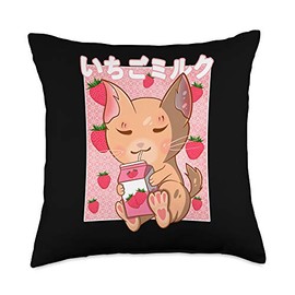 Strawberry Milk, Cat Lovers, Kawaii, Anime Cat Anime, Japanese Cute Kawaii Strawberry Milk Throw Pillow, 18x18, Multicolor