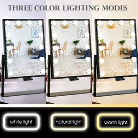 BWLLNI Vanity Mirror with Lights, Lighted Makeup Mirror, Hollywood Mirror with Phone Holder, 12 Dimmable LED Bulbs, 3 Color Lighting Modes, Detachable 10X Magnification, 360°Rotation(Black)