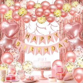 Rose Gold Birthday Decorations, Happy Birthday Banner, Confetti Balloons, Fringe Curtain, Heart Star Foil Balloons, Hanging Swirls for Women Girls Birthday Princess Party Decorations