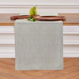 Solino Home Stripe Linen Table Runner 120 inches Long – 100% Pure Linen Avocado and White Fall Table Runner 14 x 120 Inch – Farmhouse Table Runner for Thanksgiving, Christmas – Narrow Stripe