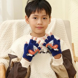 Kids Boys Girls Dinosaur Flip Top Gloves with Mitten Cover Knitted Winter Fingerless Toddler Convertible Mittens
