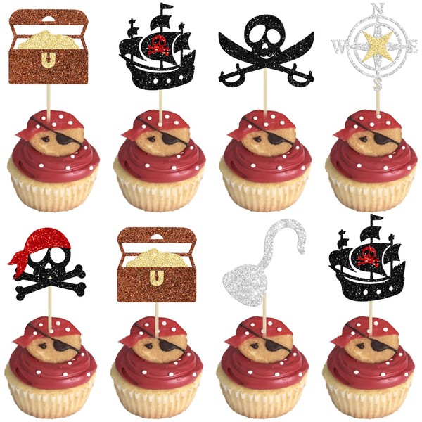 Gyufise 24 adornos piratas para cupcakes, diseño náutico con purpurina, diseño de calavera de vela para cupcakes, para temática pirata, baby shower, fiesta de cumpleaños, suministros de decoración de pasteles